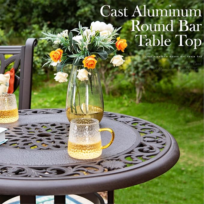 PHI VILLA 32" Cast Aluminum Patio Bar Table, Pub Height Bistro Round Table - Image 2