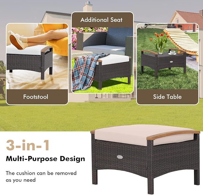 Tangkula 2 Piece Patio Rattan Ottomans, Outdoor Wicker Footstool w/Acacia Wood - Image 8