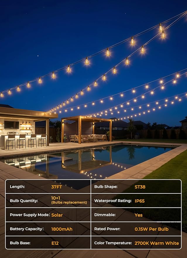 Brightown 37FT Solar String Lights Outdoor Waterproof, Patio Lights - Image 8