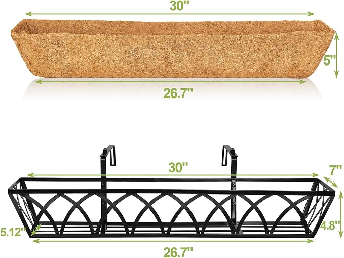 30 Inch Window Deck with Coco Liner Set of 2, Metal Hanging Flower Planter - Image 2