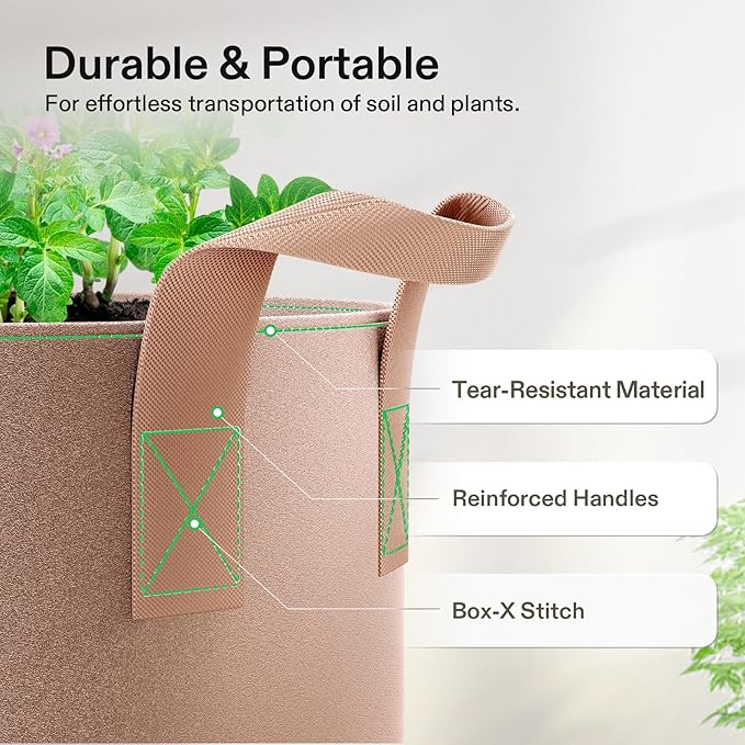 VIVOSUN 5-Pack 20 Gallons Grow Bags Heavy Duty Thickened Nonwoven Fabric Pots - Image 6