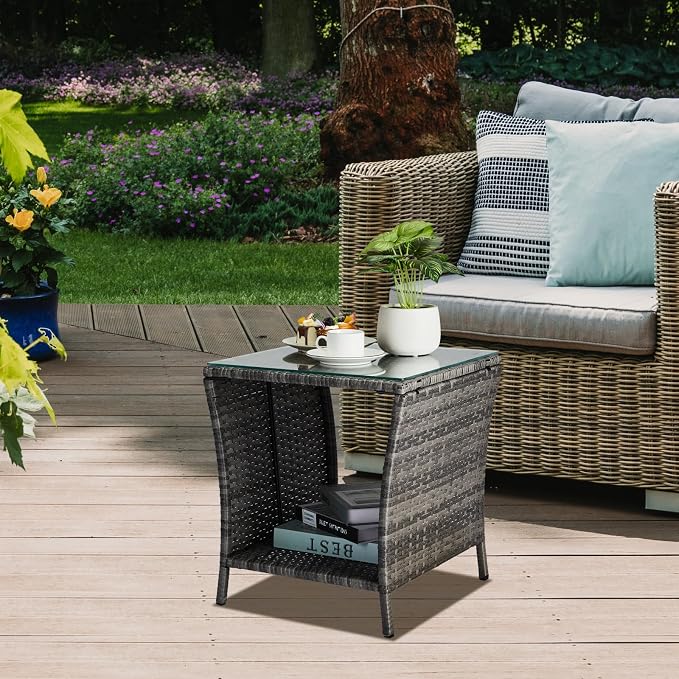 Wicker Rattan Side Table, Outdoor Square Rattan Coffee End Table - Image 2