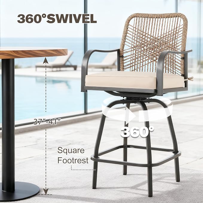 Patio Swivel Bar Stools Set of 6, Outdoor Rattan Height Bar Patio Swivel Chairs - Image 5