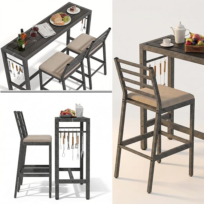 3Pcs Outdoor Patio Bar Set, Metal Pub Height Bistro Table Set - Image 6