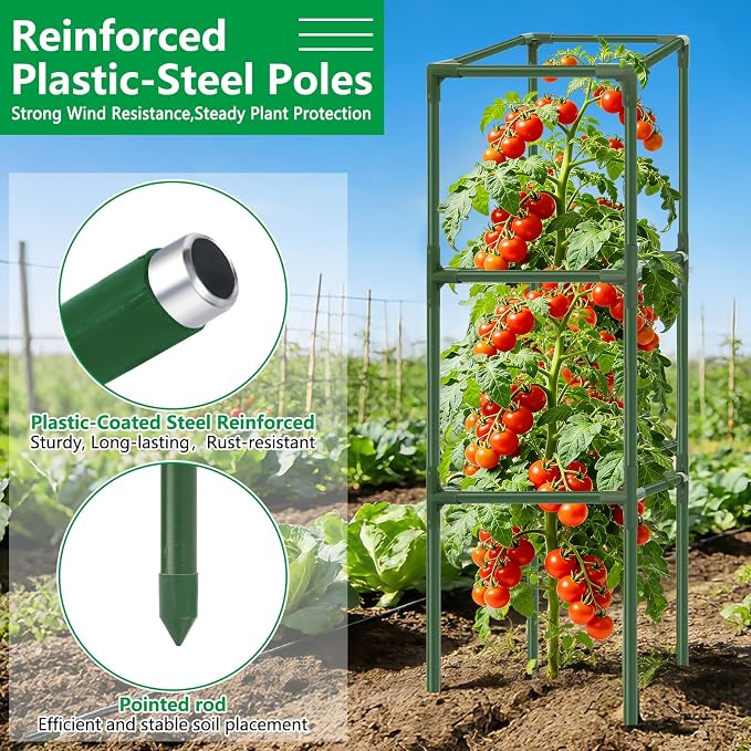 3 Pack Square Tomato Cages, Plant Support Tower Stakes Cucumber Pepper Trellis - Image 3