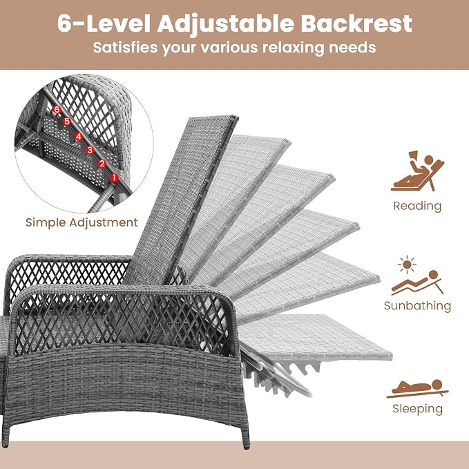 Tangkula Wicker Chaise Lounge Outdoor Set of 2, Patio Rattan Reclining Chaise - Image 5