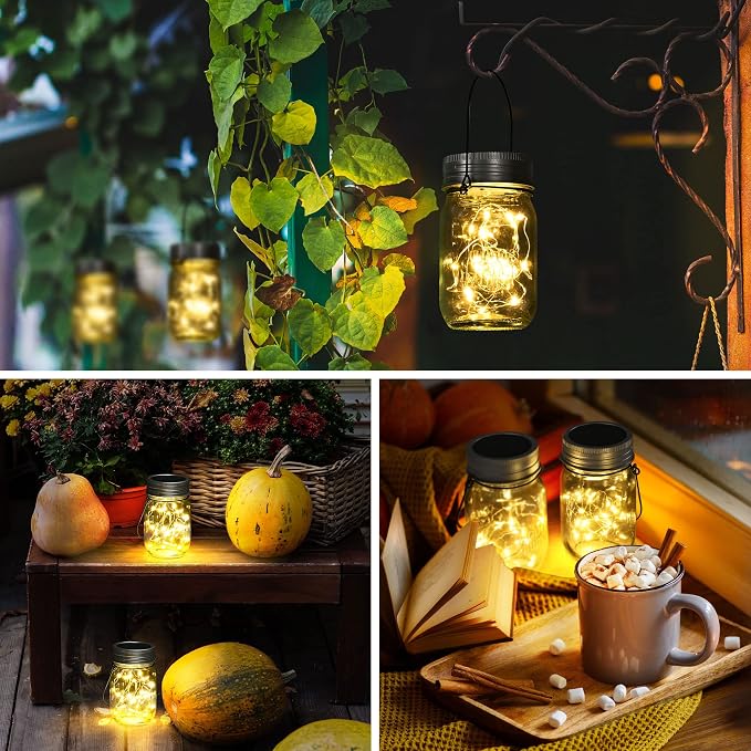GIGALUMI Hanging Mason Jar Solar Lights, 6 Pack 30 Led Hanging Solar Lanterns - Image 3