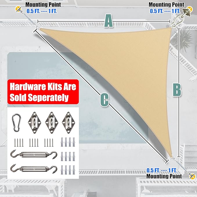 Amgo Custom Size 12' x 12' x 17' Beige Right Triangle Sun Shade Sail Order to - Image 7