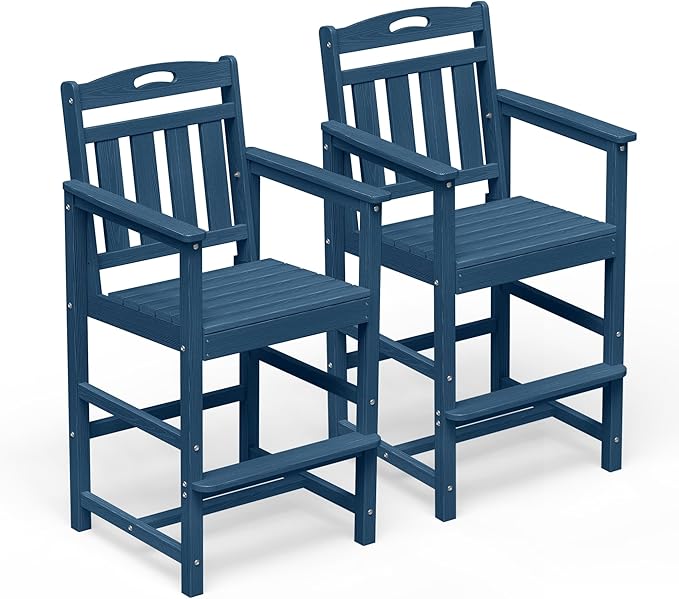 Outdoor Patio Tall Adirondack Bar Chairs Set of 2, All-Weather HDPE Bar Height by Suunyn