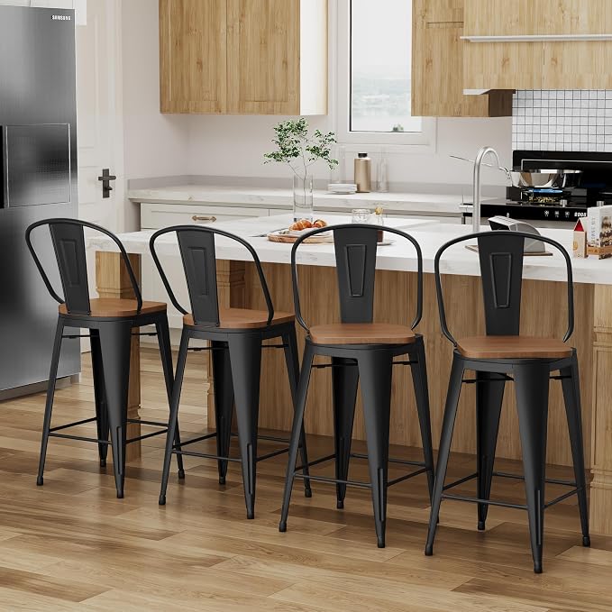 Alunaune 26" Swivel Metal Bar Stools Set of 4 High Back Counter Height - Image 3