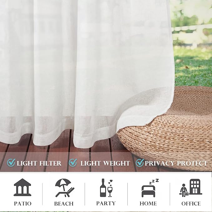 RYB HOME Sheer Curtains for Patio Outdoor, Linen Textured White Panel Grommet - Image 7