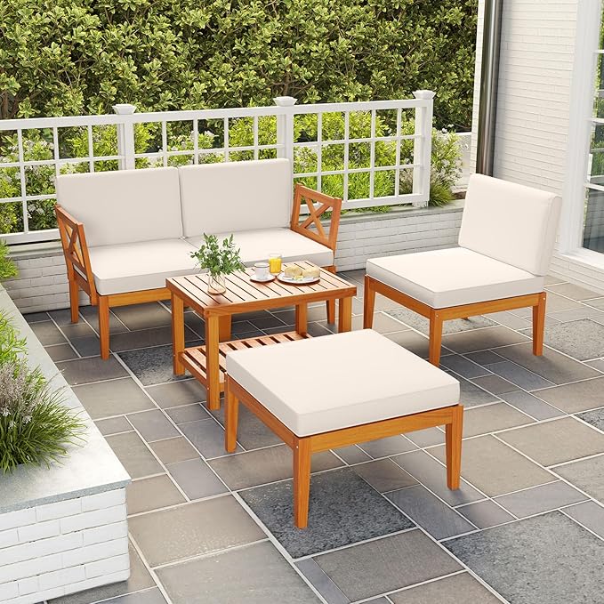 Tangkula L Shaped Outdoor Furniture Set, 5 Pieces Acacia Wood Patio - Image 3