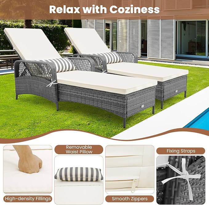 Tangkula Wicker Chaise Lounge Outdoor Set of 2, Patio Rattan Reclining Chaise - Image 6
