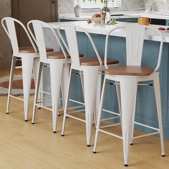 Alunaune 30" Swivel Metal Bar Stools Set of 4 High Back Counter Height by HomeFurniture