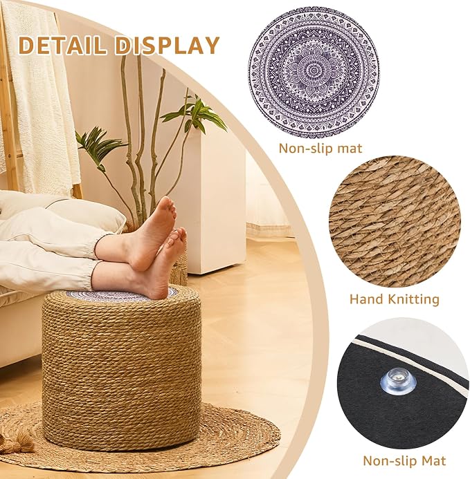 Wimarsbon Round Pouf Ottomans, Handwoven Natural Water Hyacinth Seagrass Pouffe - Image 4