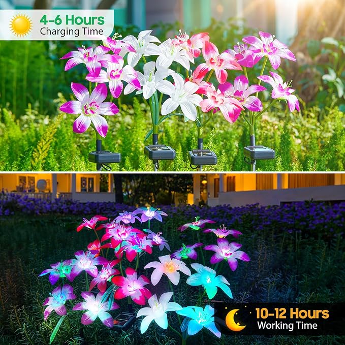 Solar Garden Lights Outdoor, 4 Pack Blooming Lily Solar Flowers Outdoor - Image 3