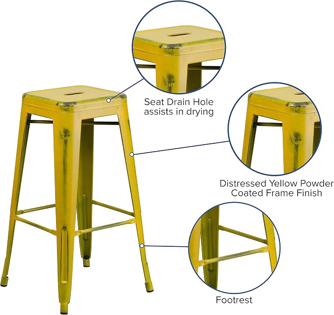 Flash Furniture Kai Commercial Grade 4 Pack 30" High Backless Distressed Yellow - Image 5