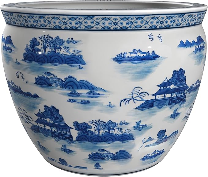 Red Lantern 12" Landscape Blue & White Porcelain Fishbowl Planter or Cachepot by RedLantern