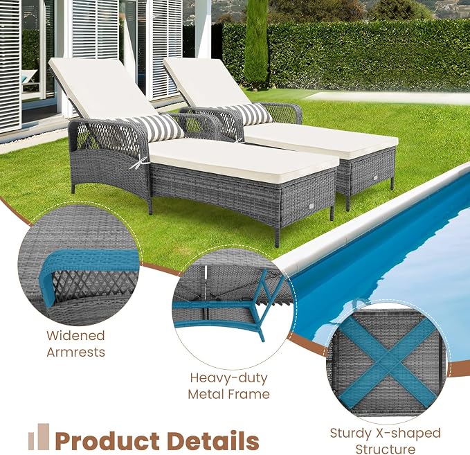 Tangkula Wicker Chaise Lounge Outdoor Set of 2, Patio Rattan Reclining Chaise - Image 7