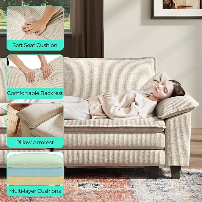LINSY HOME 123'' Modular Sectional Sofa Beige Couch Corduroy Cloud Couches - Image 3