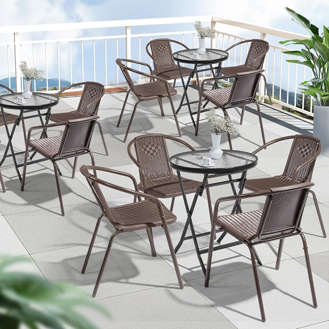 VINGLI PE Rattan Outdoor Dining Chairs Set of 4, Plastic Stackable Patio Chairs - Image 8