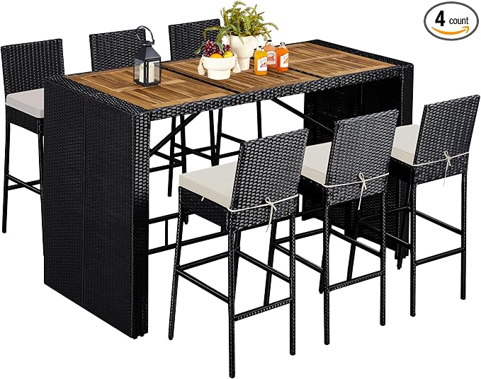 Yaheetech 7 Piece Patio Dining Set Outdoor Acacia Wood Bar Table and Chairs by Yaheetech