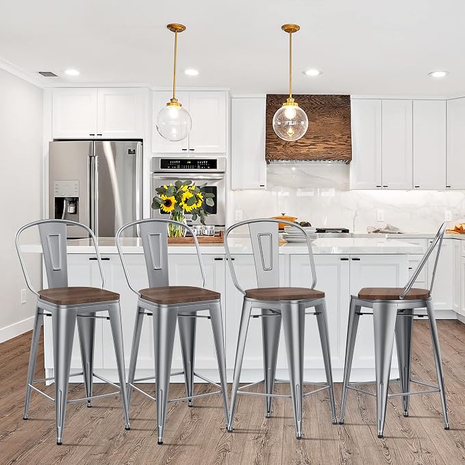 Alunaune 24" Swivel Metal Barstools Set of 4 High Back Counter Height Bar - Image 3