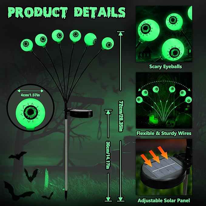 BrizLabs Solar Halloween Lights, 2 Pack 12 LED 2 Modes Halloween Eyeball Lights - Image 8