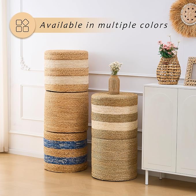 Handwoven Ottoman Pouf, Natural Seagrass Footstool, Round Braided Outdoor Seat - Image 7