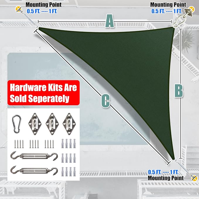Amgo Custom Size 15' x 24' x 28.3' Green Right Triangle Sun Shade Sail UPF50+ - Image 8