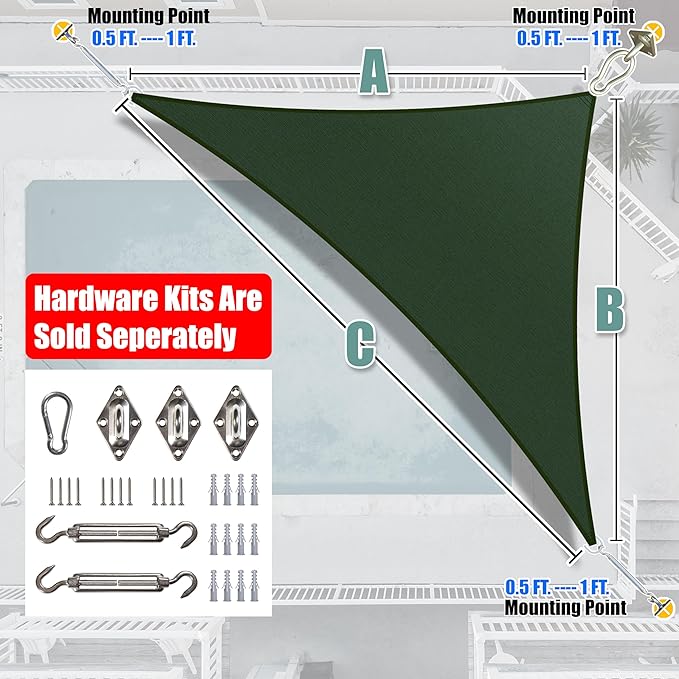 Amgo Custom Size 9' x 18' x 20.1' Green Right Triangle Sun Shade Sail UPF50+ - Image 8