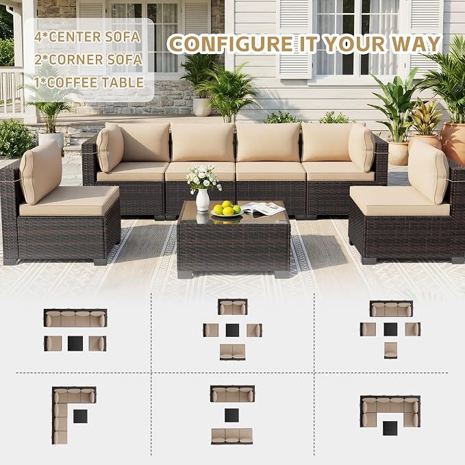 LEVELEVE 7 Pieces Outdoor Patio Furniture Sets, Rattan Conversation Sectional - Image 3