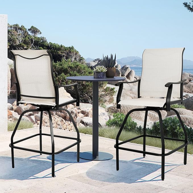 LEVELEVE Patio Bar Set 2pcs Swivel Bar Stools Outdoor Bistro Textilene - Image 5