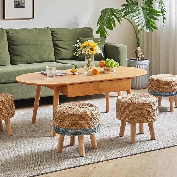 YMYNY Foot Stool Natural Seagrass Hand Weave, 12.6" Small Ottoman, Round - Image 6