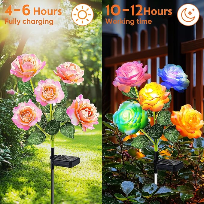Solar Rose Lights Outdoor: 4 Pack IP65 Waterproof 7-Color Changing LED Flower - Image 4