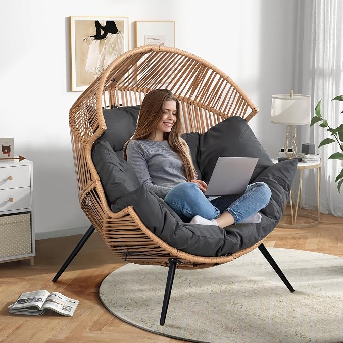 Shintenchi Wicker Egg Chair, Outdoor Indoor Rocking Chair, Large PE Rattan - Image 6