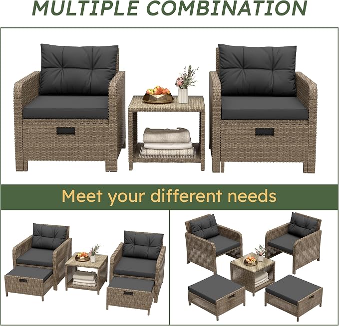 LHBcraft Balcony Furniture 5 Piece Patio Conversation Set, PE Wicker Rattan - Image 5
