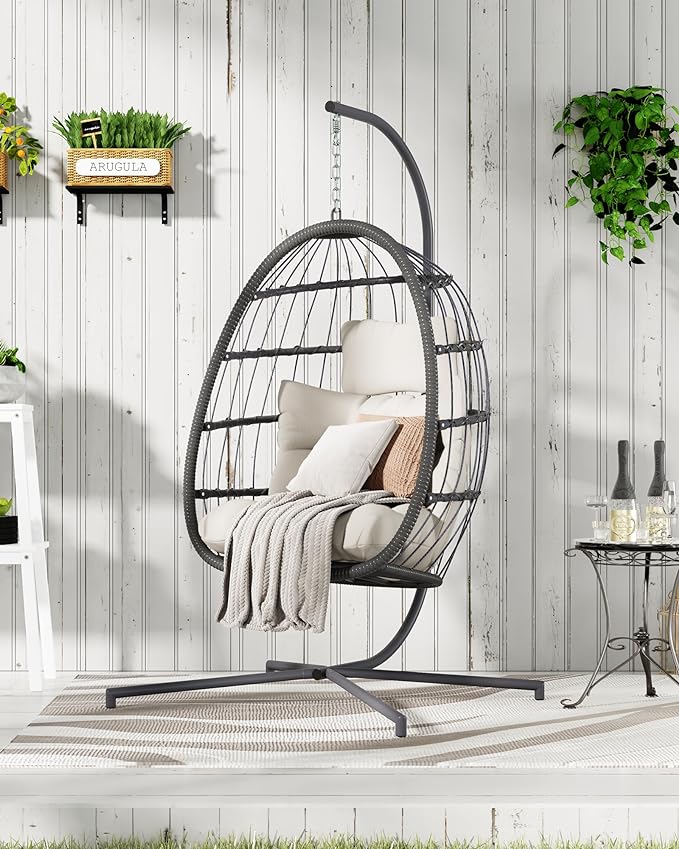 FREDEES Egg Swing Chair with Stand, Outdoor Hanging Egg Chair with Cushion by FREDEES