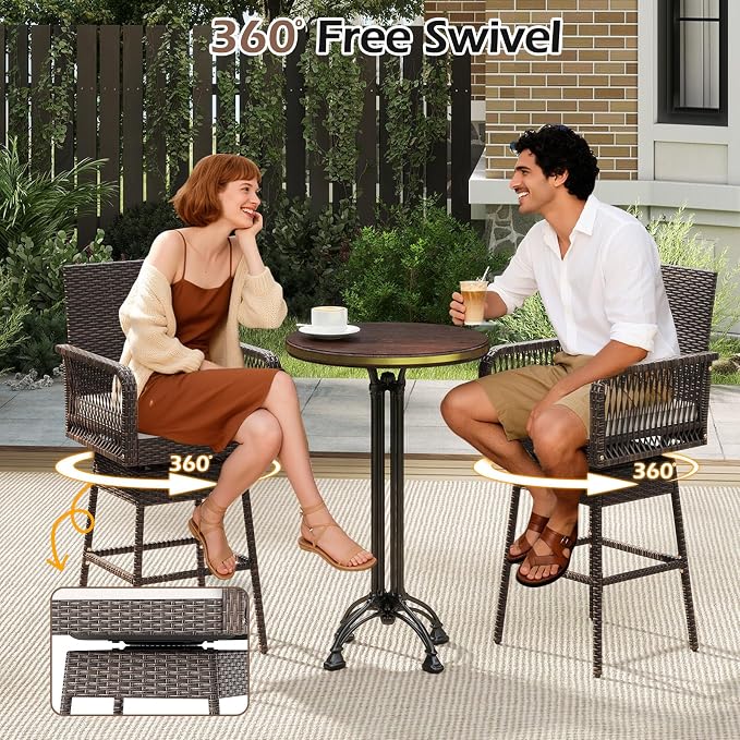 ORALNER Outdoor Wicker Swivel Bar Stools Set of 2, Footrest & Seat Cushion - Image 2