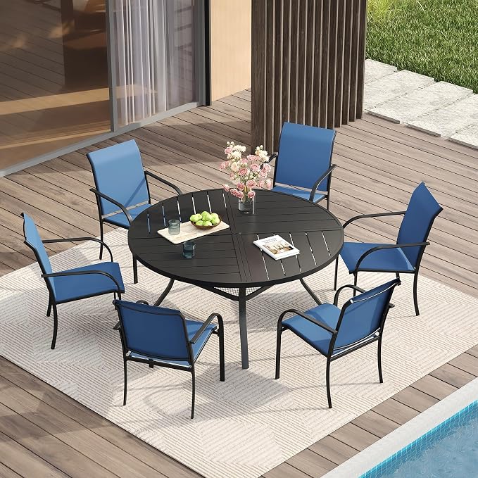VICLLAX Patio Table and Chair Set of 6, All Weather Metal Round Outdoor Dining by HOME