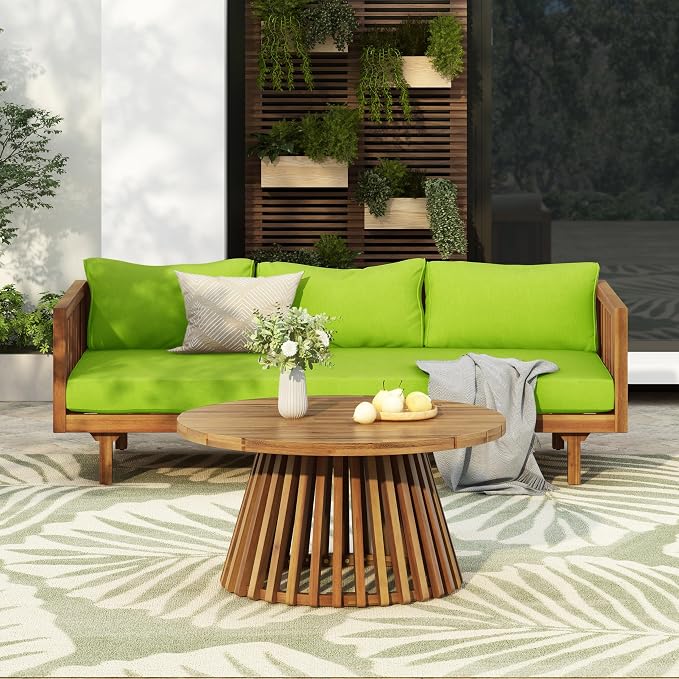 Merax Outdoor Acacia Wood Conversation Set, 3-Seat Loveseat Sofa w/Coushion and - Image 2