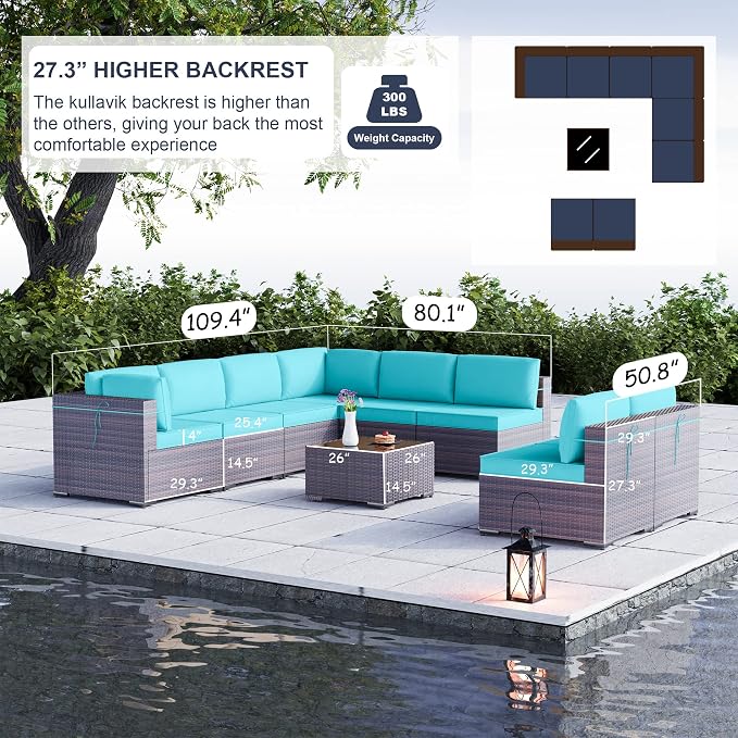 Kullavik 9 Pieces Outdoor Patio Furniture Set, Sectional Rattan Sofa Set Brown - Image 2