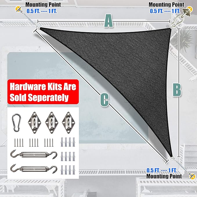 Amgo Custom Size 17' x 20' x 26.2' Black Right Triangle Sun Shade Sail UPF50+ - Image 8