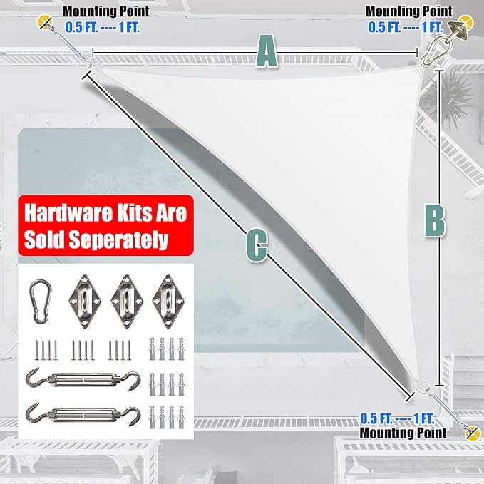 Amgo Custom Size 8' x 11' x 13.6' White Right Triangle Sun Shade Sail Order to - Image 7