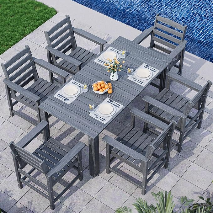 Outdoor HDPE Dining Table Set, 7-Piece Outdoor Dining Table Sets, Wood Grain by Unknown