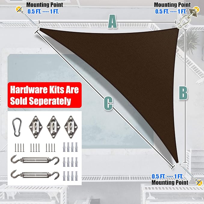 Amgo 14' x 14' x 19.8' Brown Right Triangle Sun Shade Sail UPF50+ Canopy Awning - Image 7