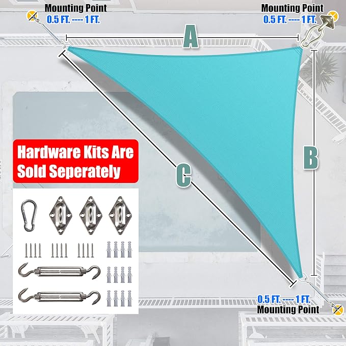 Amgo Custom Size 11' x 15' x 18.6' Turquoise Triangle Sun Shade Sail Order to - Image 7