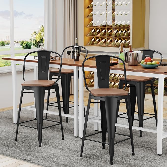 Alunaune 26" Swivel Metal Bar Stools Set of 4 High Back Counter Height - Image 4