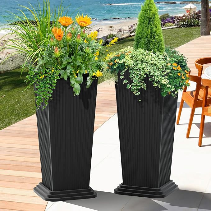 FENCY Set of 2 Tall Planters for Outdoor Plants, 24 Inch Large Tapered Pots - Image 7