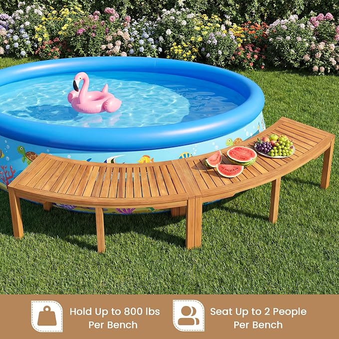 Tangkula Outdoor Curved Bench, Acacia Wood Fire Pit Bench w/Slatted Seat - Image 4